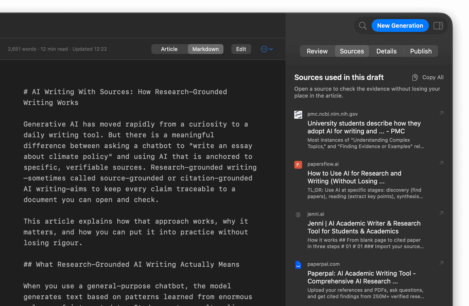 QueueWrite Research stage with web sources and optional academic research beside the article queue