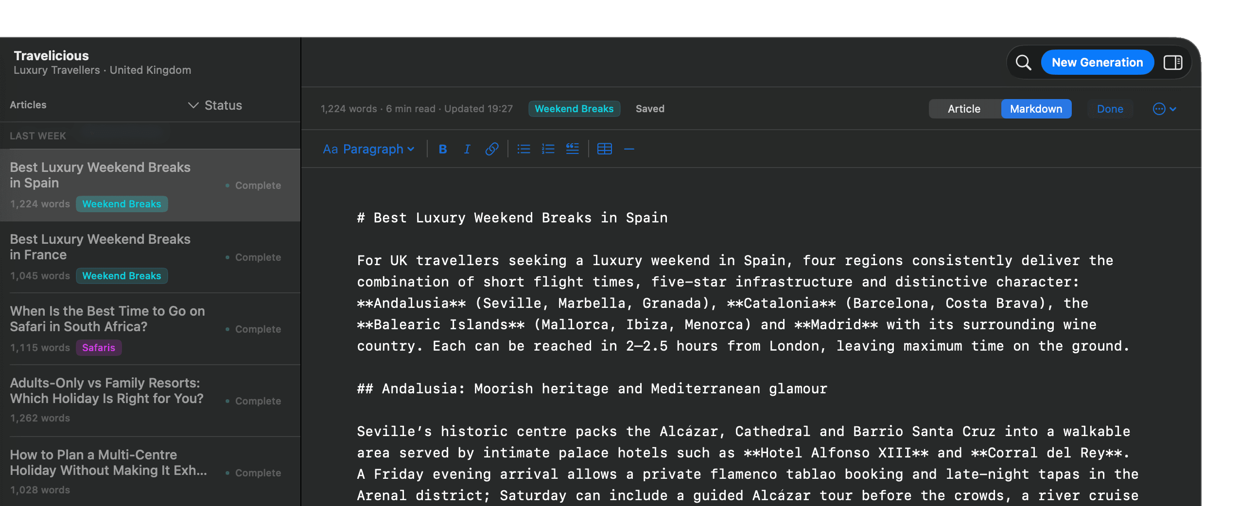 QueueWrite editor in Markdown view with a long-form article draft and formatting toolbar