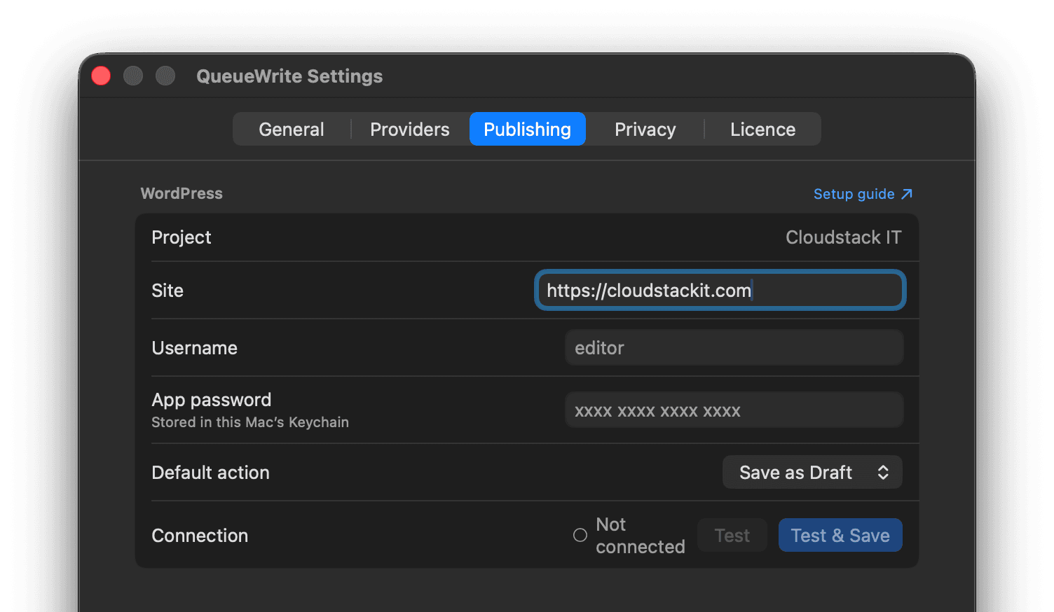 QueueWrite Publish inspector with export controls beside the article and queue