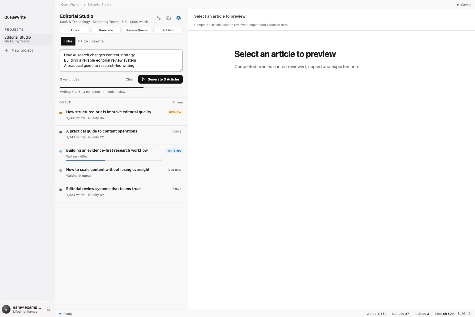 Close view of QueueWrite bulk article generation controls