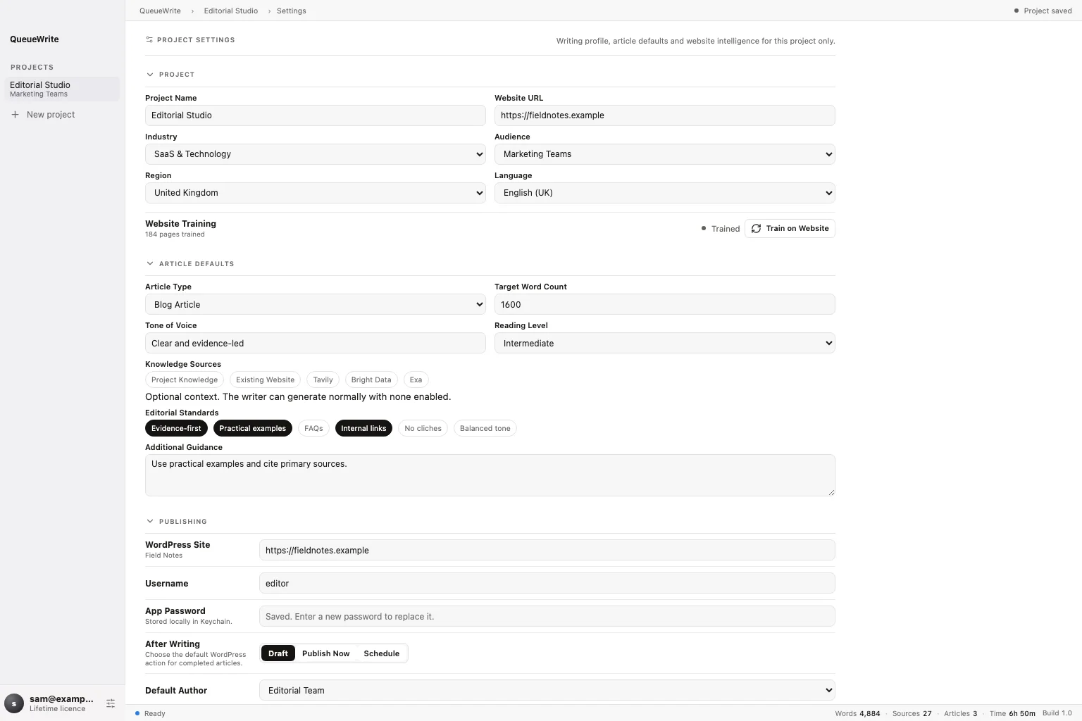 Close view of QueueWrite project settings and editorial profile