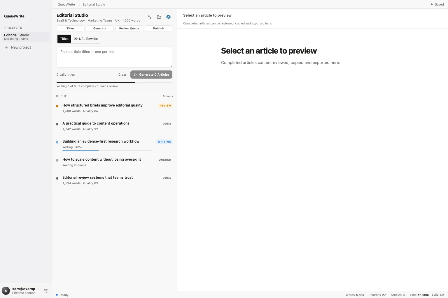 Close view of the QueueWrite article production queue