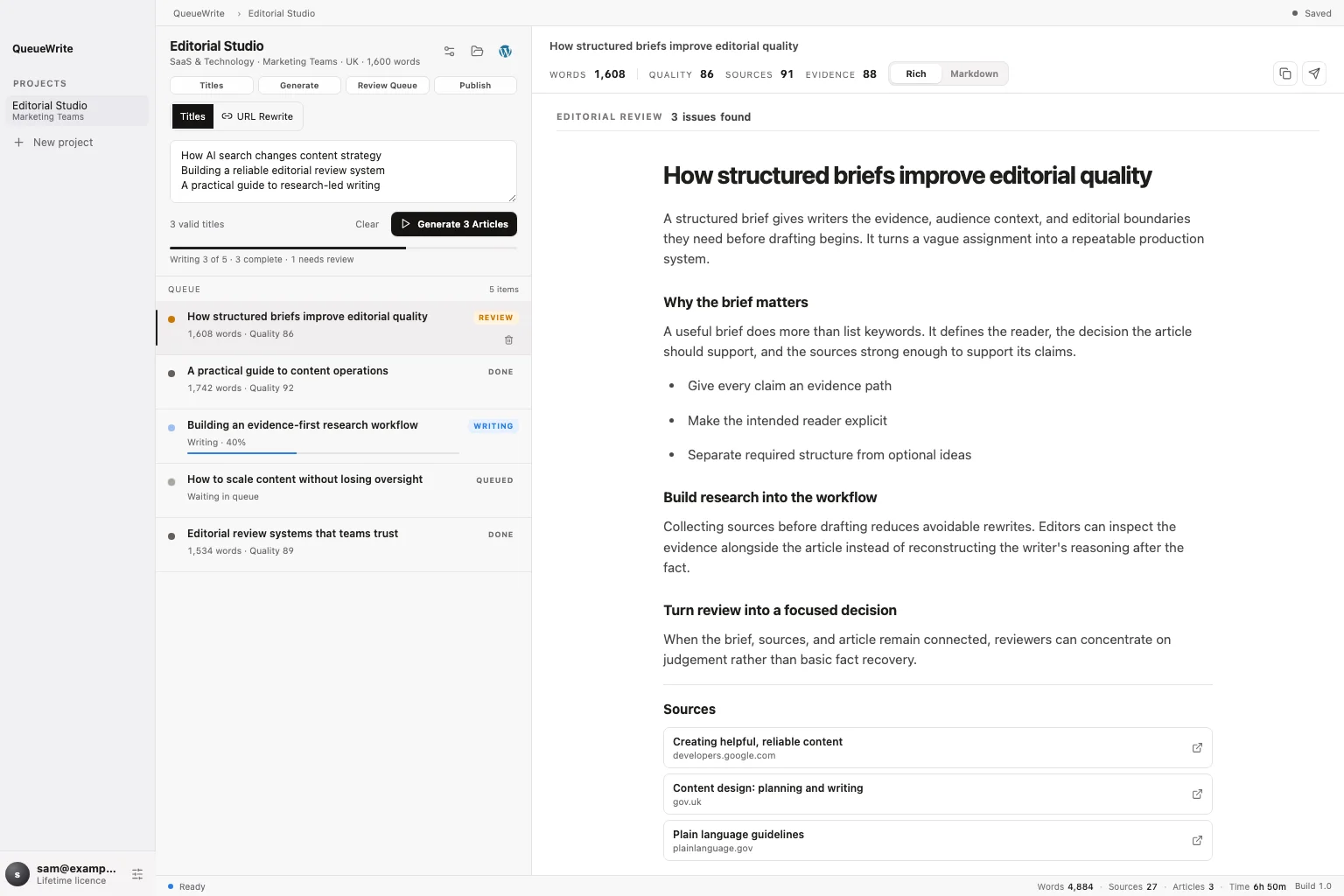 QueueWrite desktop editorial workspace