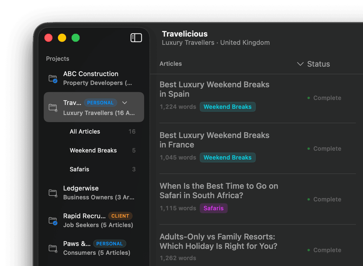 Populated QueueWrite queue showing multiple articles, category tags, project labels, and Complete status