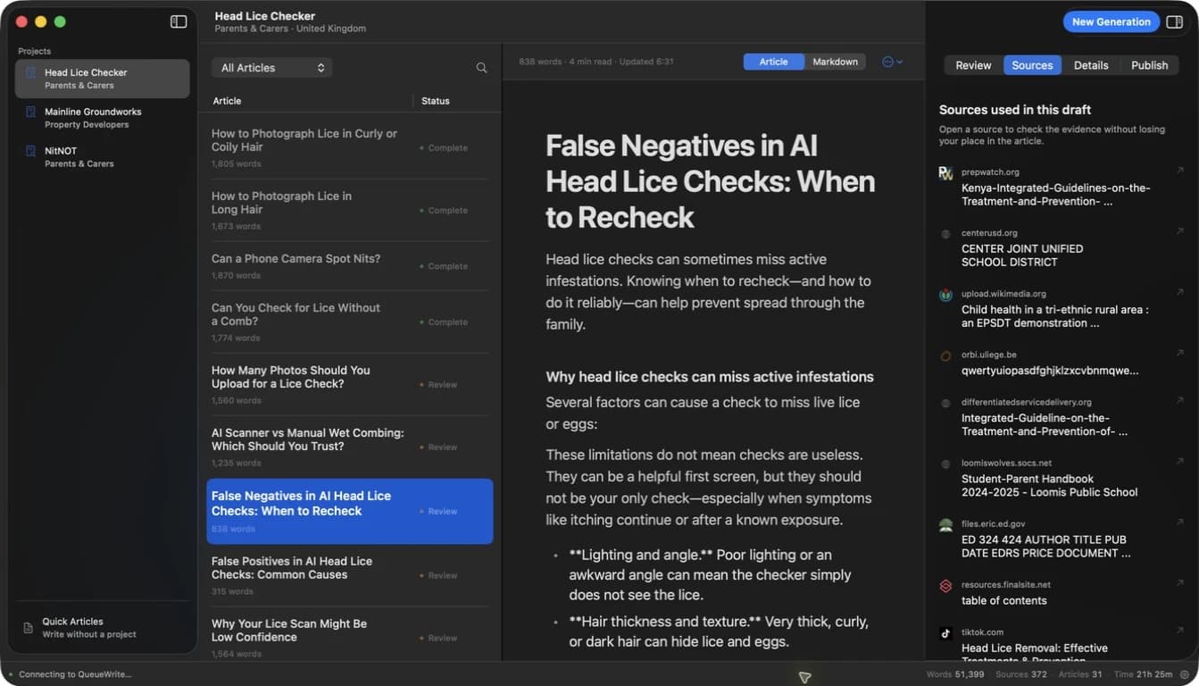 QueueWrite article research interface with retained web sources
