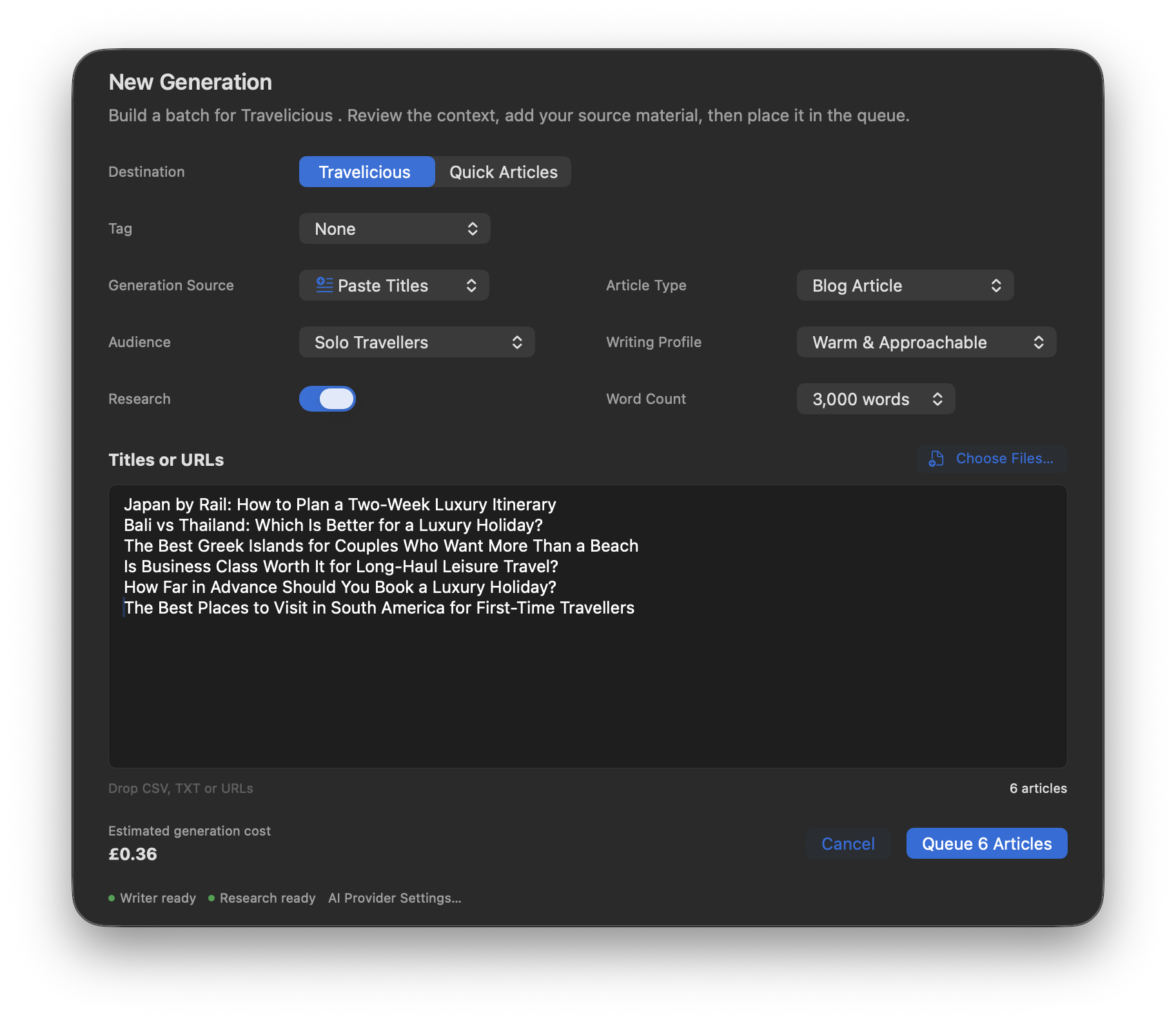 Close view of QueueWrite bulk article generation controls