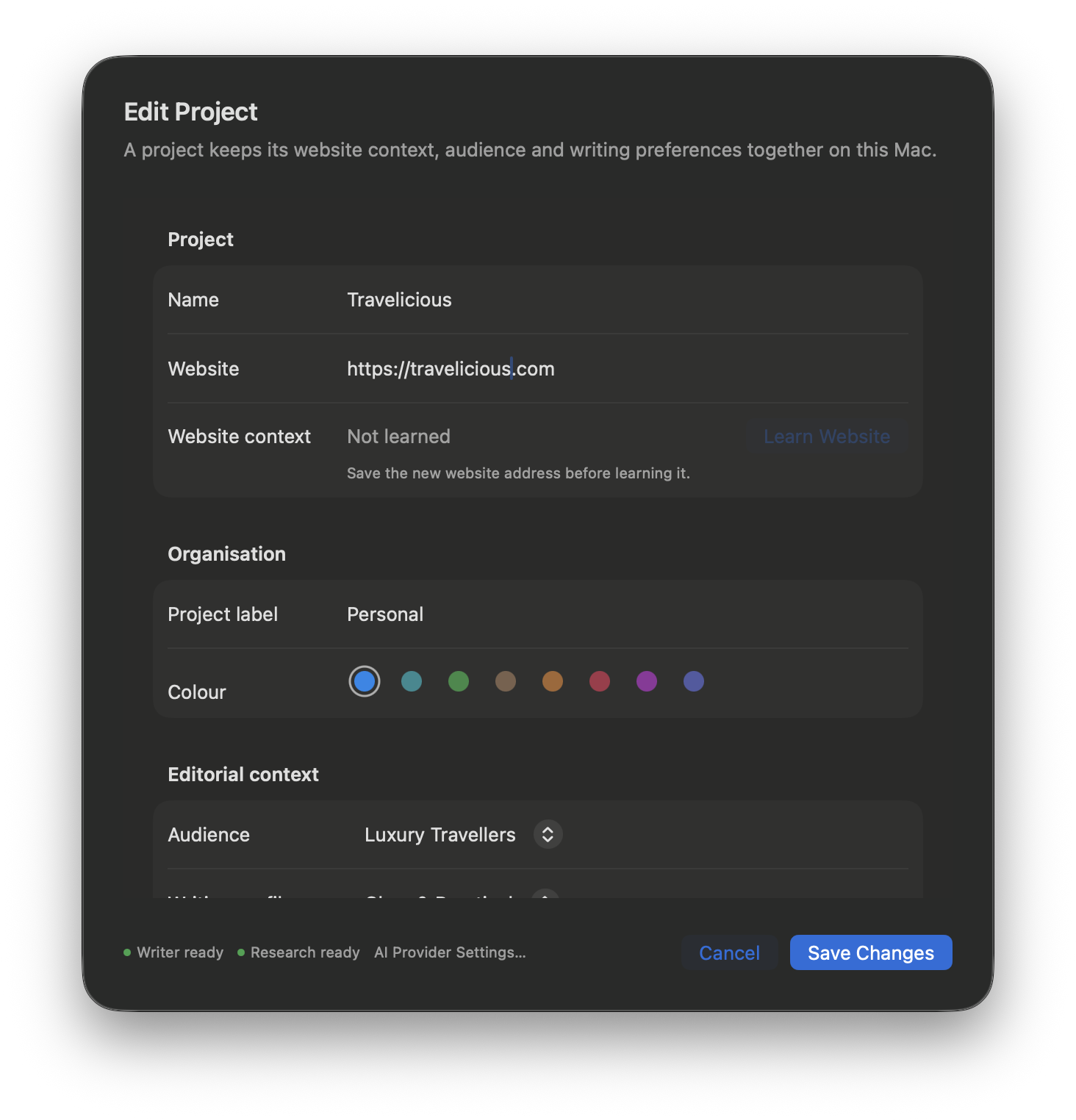 Close view of QueueWrite project settings and editorial profile